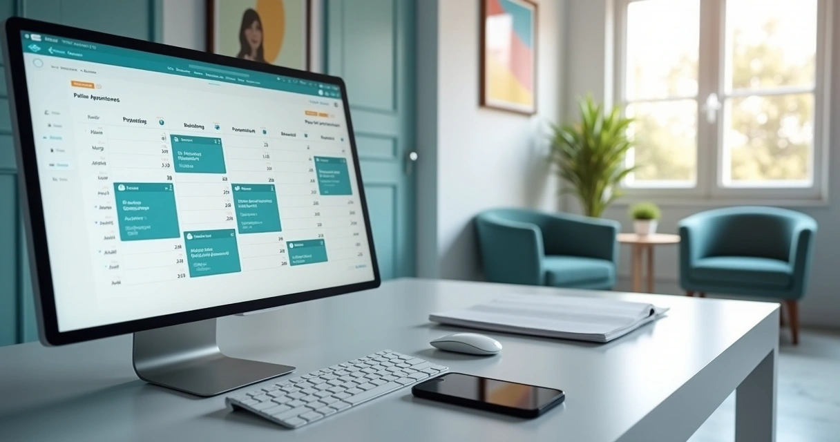 Computador com agenda online aberta exibindo horários de consultas em clínica de psicologia moderna 