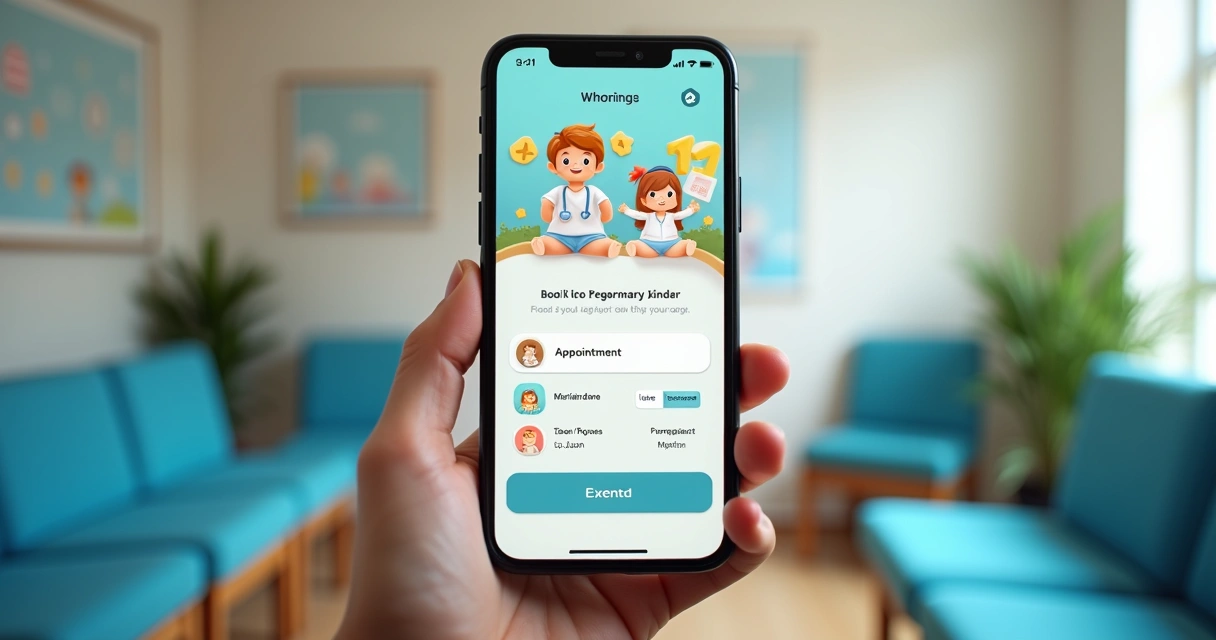 Tela de celular mostrando agendamento online de consulta infantil com interface amigável. 