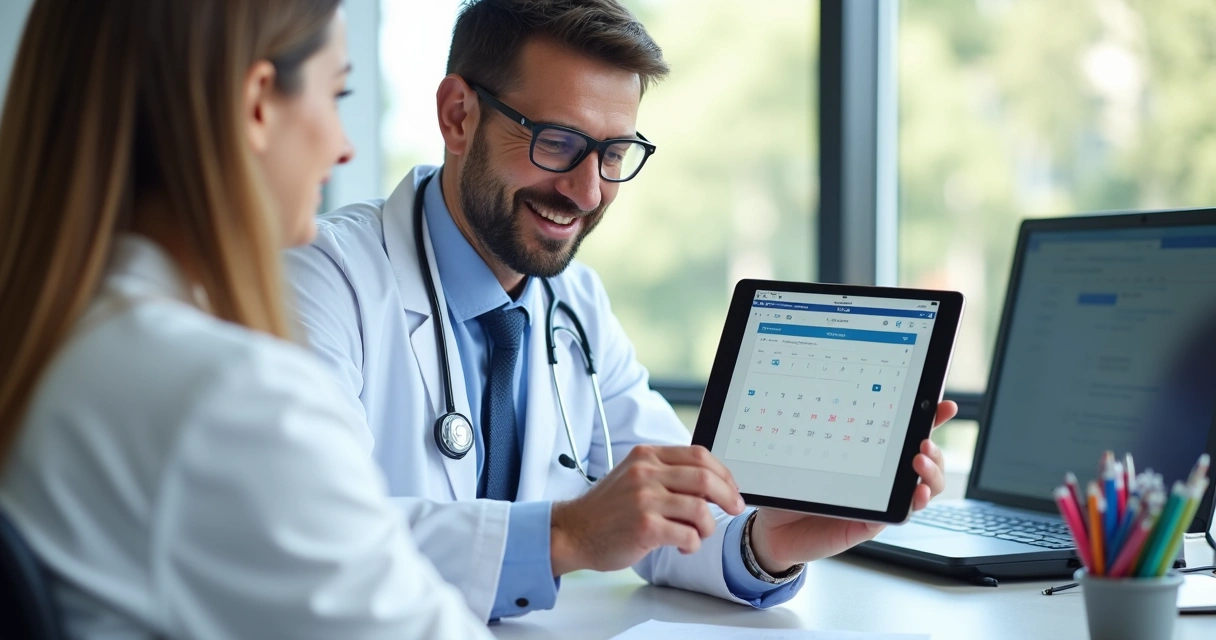 Médico olhando um tablet com agenda digital aberta ao lado de paciente 