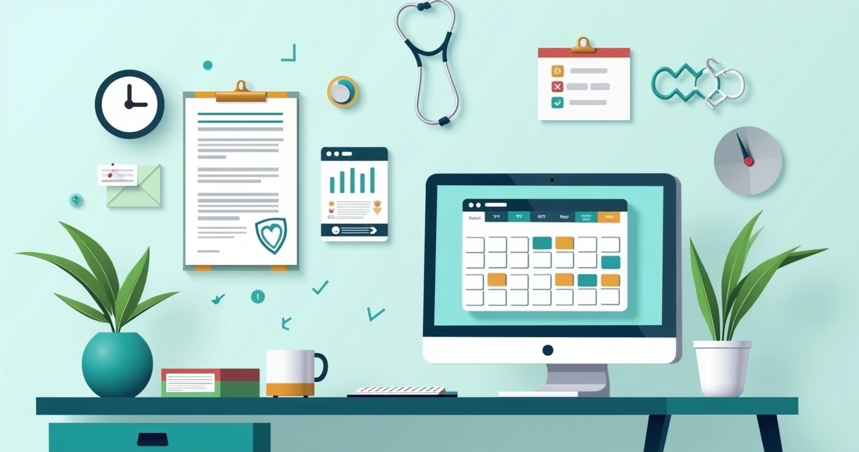 Médico consulta agenda digital em computador no consultório