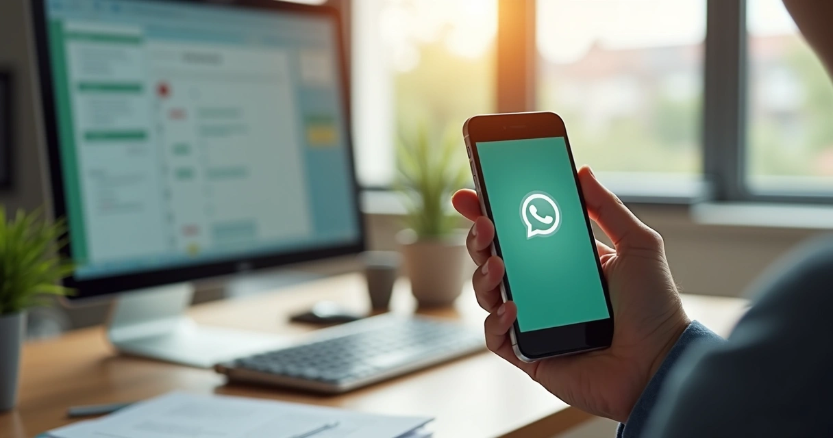 Pessoa usando celular para receber lembrete de agendamento via WhatsApp em ambiente de trabalho moderno e iluminado 