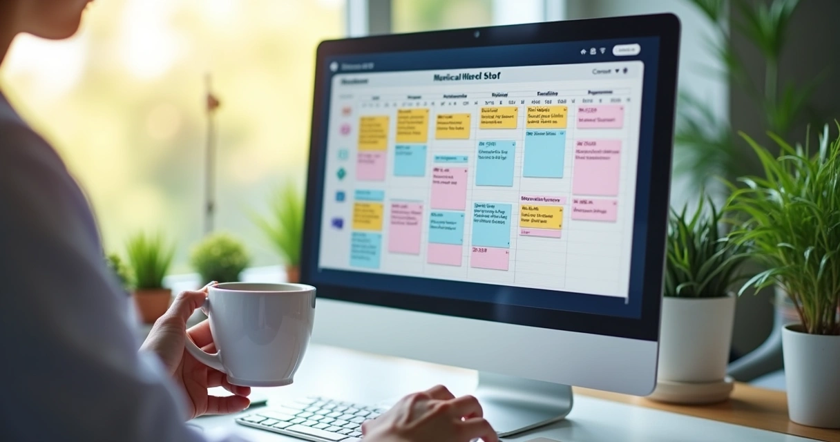 Tela de computador mostrando agenda online médica com horários coloridos 