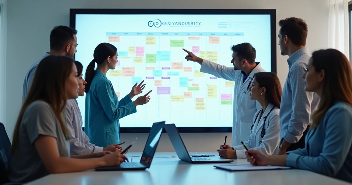 Equipe multiprofissional olhando juntos para tela de agenda online 