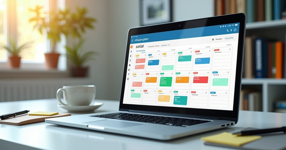 Agenda digital aberta em notebook com datas sinalizadas e lembretes visíveis 
