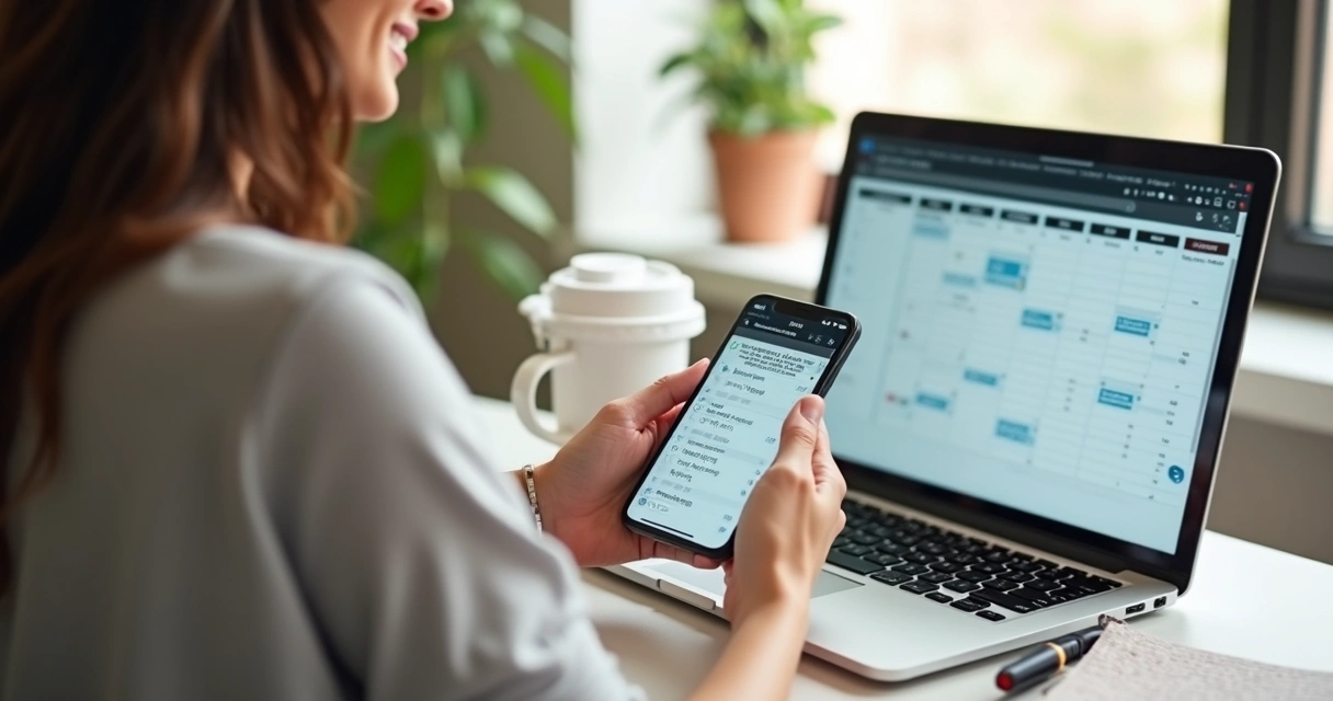 Tela de agendamento online sendo usada por mulher sorridente 