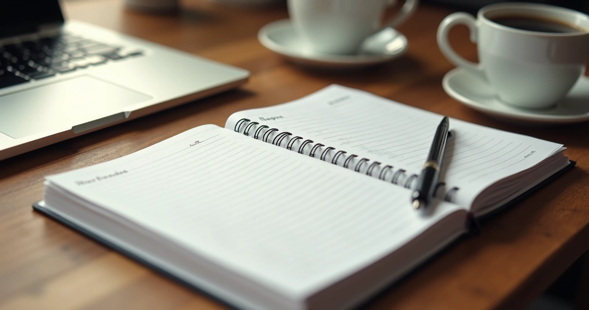 Mesa de trabajo con agenda organizada y objetos ordenados