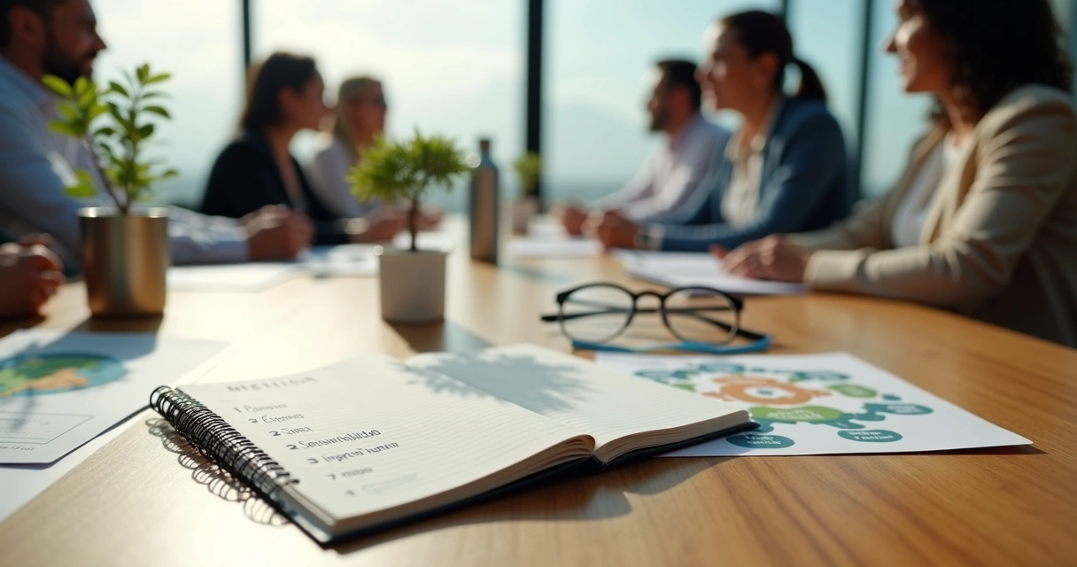 Mesa de trabajo con agenda abierta y símbolos de ética y sostenibilidad 