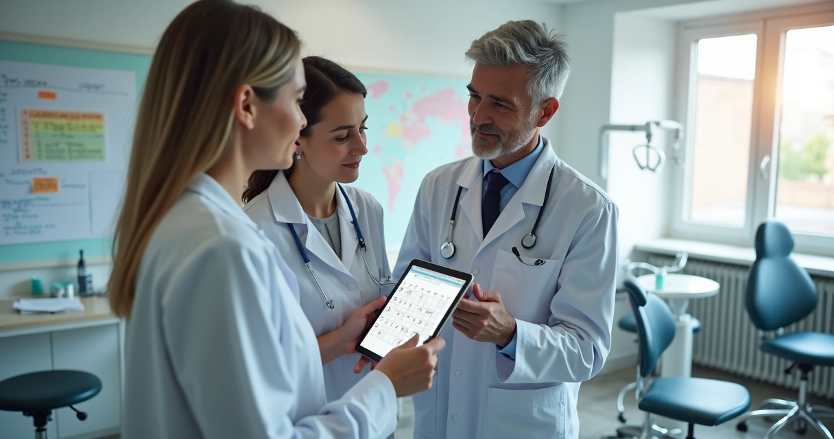 Agenda digital e equipe revisando calendário em clínica odontológica 