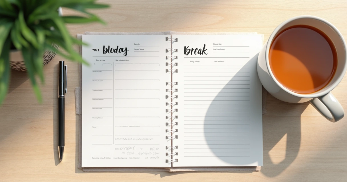 Agenda com horário de pausa marcado e xícara ao lado 