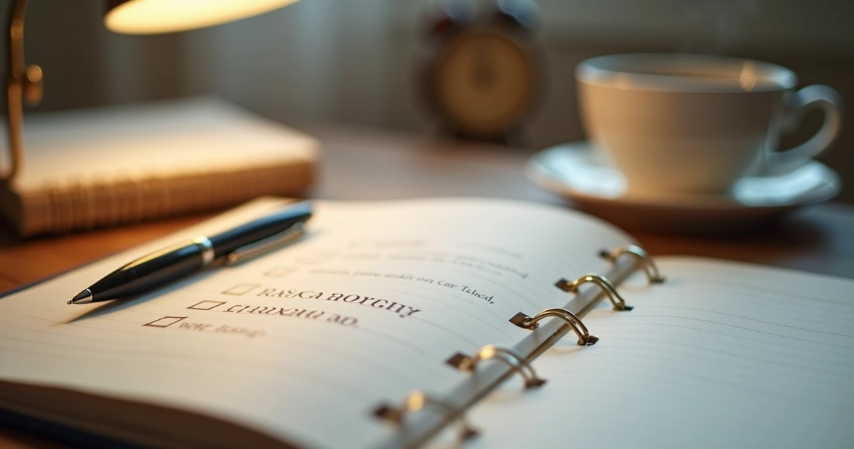 Agenda con tareas pendientes y taza sobre escritorio