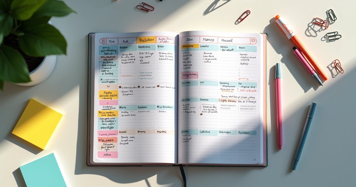 Agenda aberta com marcações coloridas e caneta ao lado 