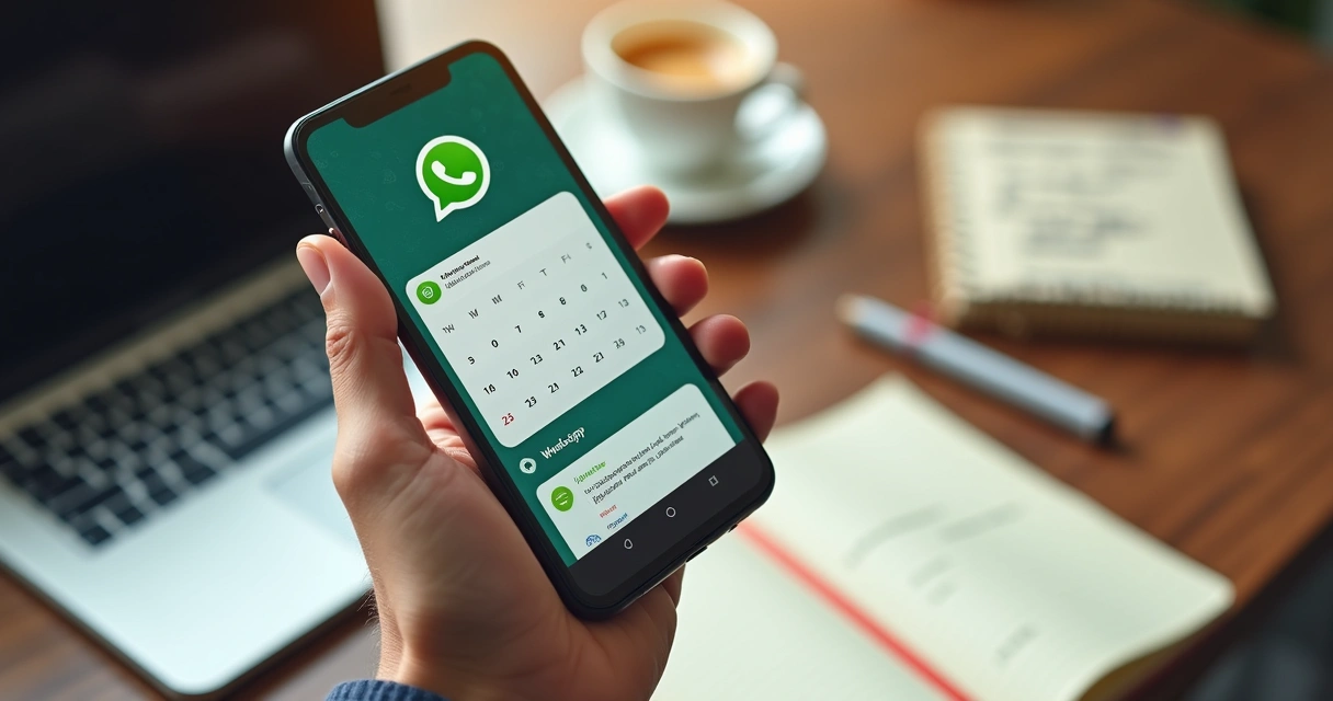 Celular aberto no WhatsApp mostrando mensagens de organização de tarefas com calendário e lembretes visíveis 