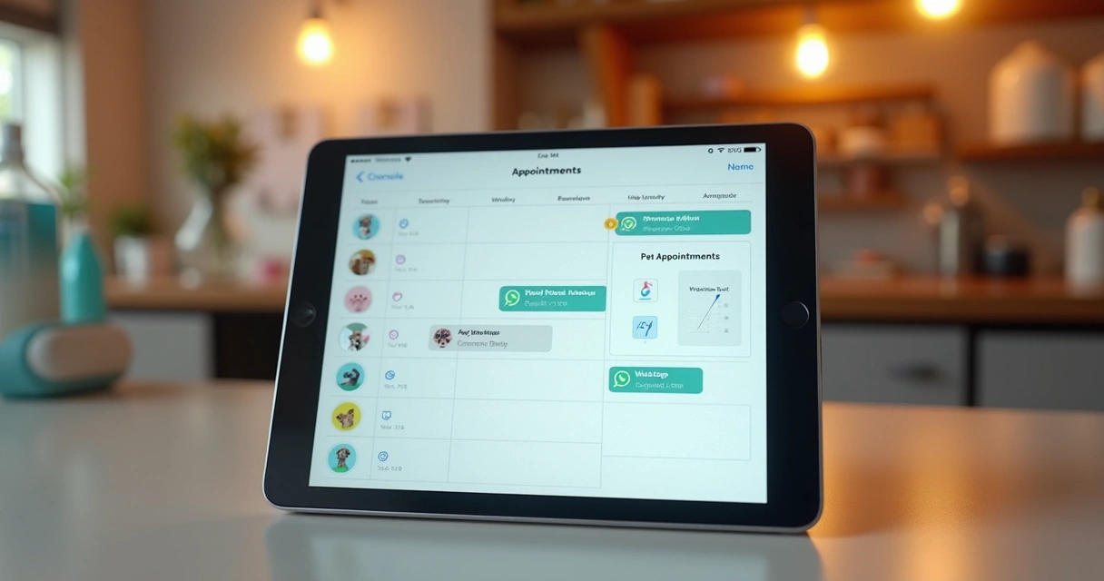 Tela digital mostrando agenda de petshop com notificações de WhatsApp 