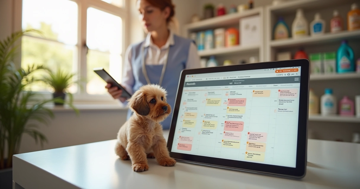 Agendamento organizado em petshop com calendário digital e cachorro aguardando atendimento 