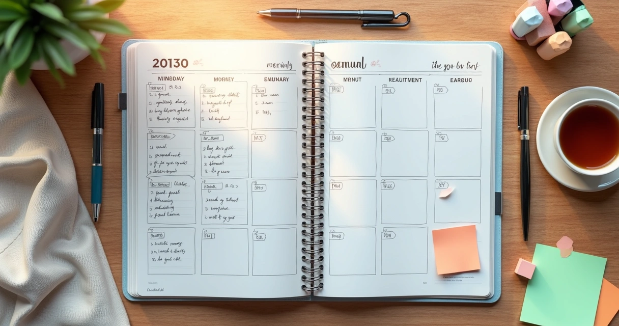 Agenda aberta com anotações de metas e calendário anual