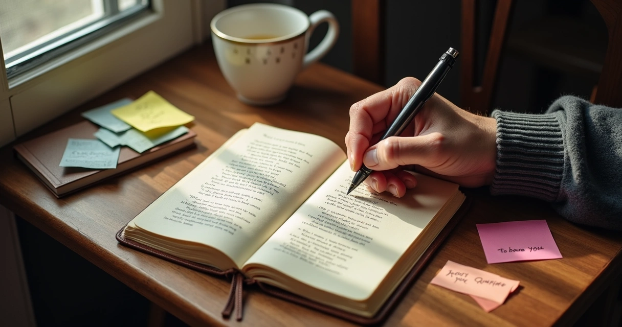 Pessoa escrevendo poesia diária em sua agenda 