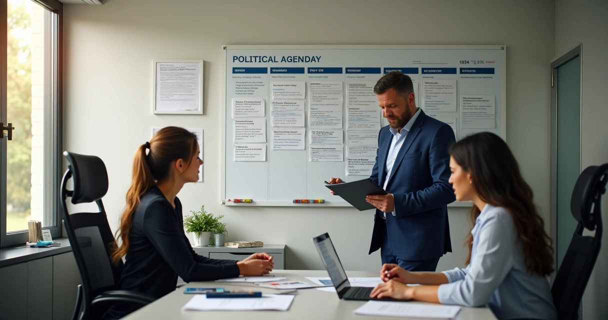 Assessores organizando agenda política em escritório 