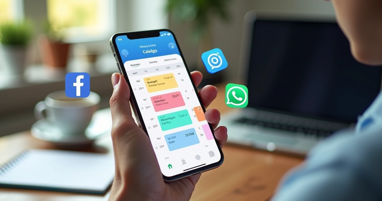 Mão segurando um smartphone com calendário digital aberto e ícones de redes sociais ao redor 