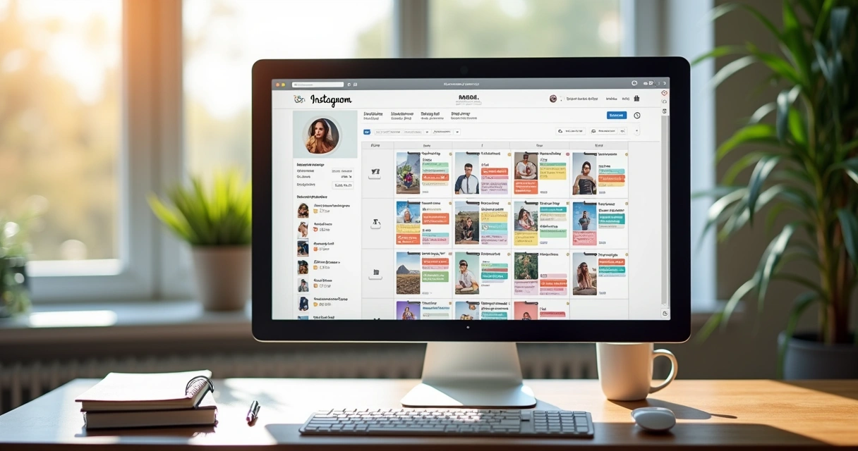 Computador mostrando tela de agendamento de posts do Instagram 