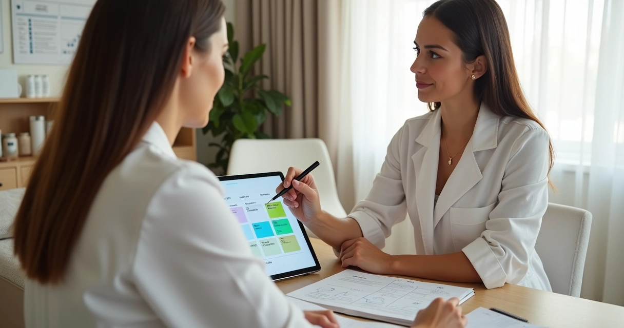 Profissional de estética planejando agenda anual com paciente em clínica moderna 