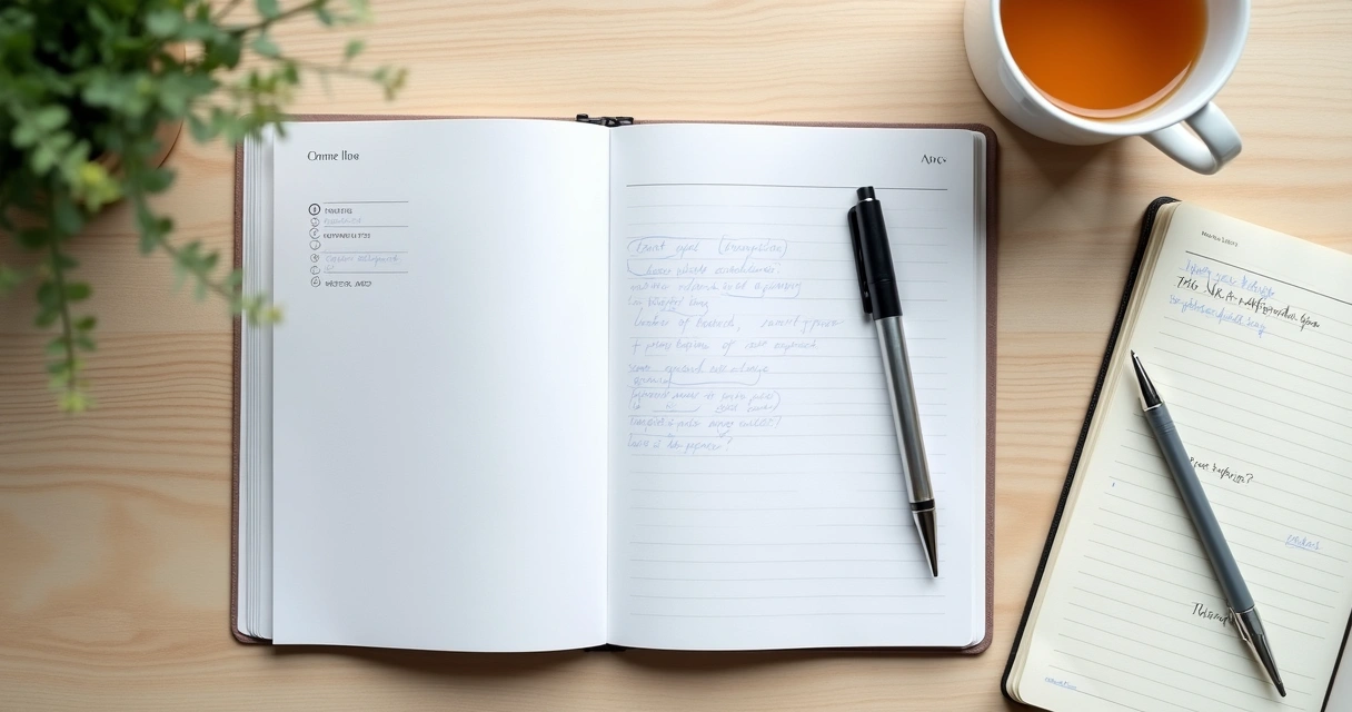 Agenda con tareas marcadas y cuaderno abierto junto a una taza 