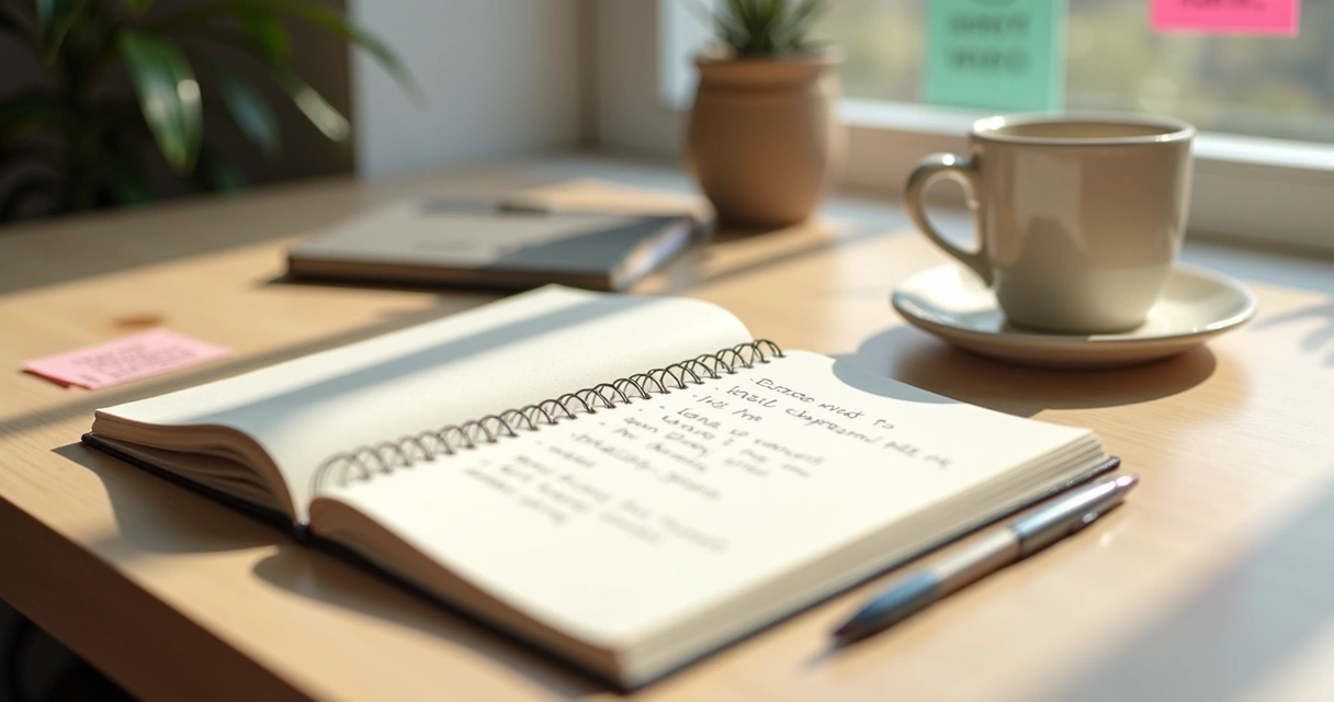 Agenda aberta ao lado de uma caneca em uma mesa de madeira clara