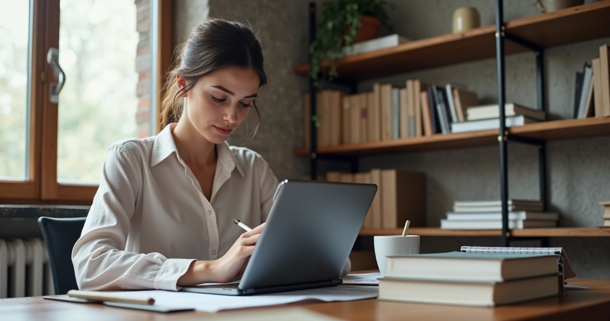 Psicóloga com agenda digital e papel na mesa 