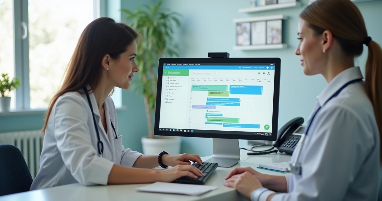 Recepcionista organizando retornos em agenda digital da clínica