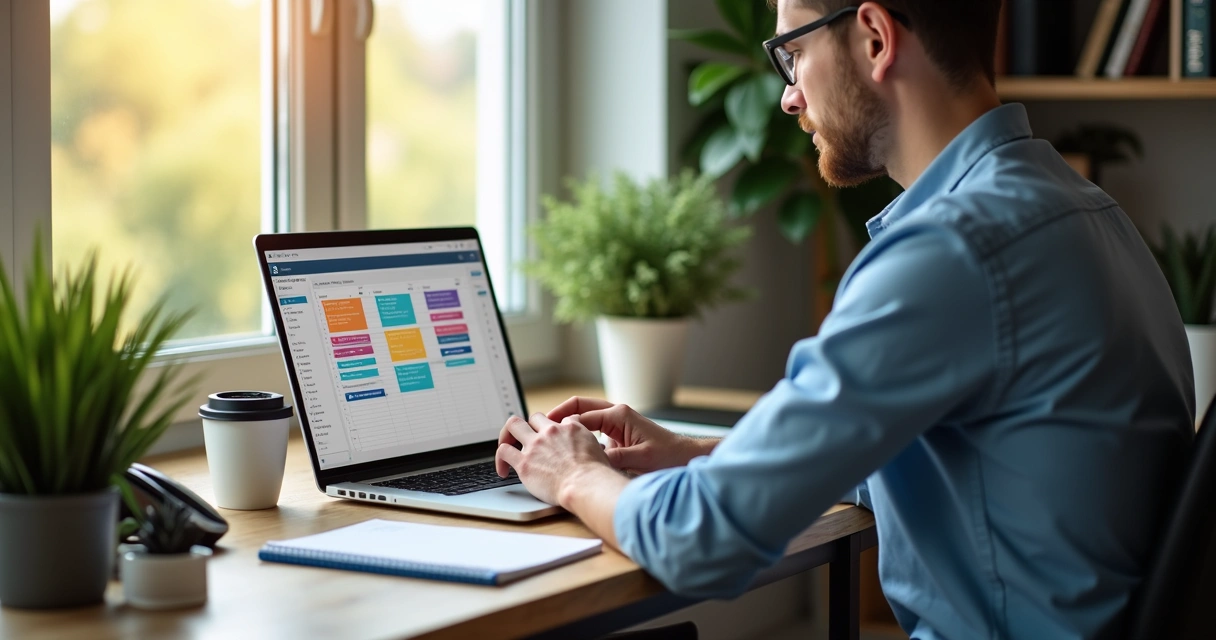 Dono de pequeno negócio atualizando agenda de reuniões via CRM em notebook.
