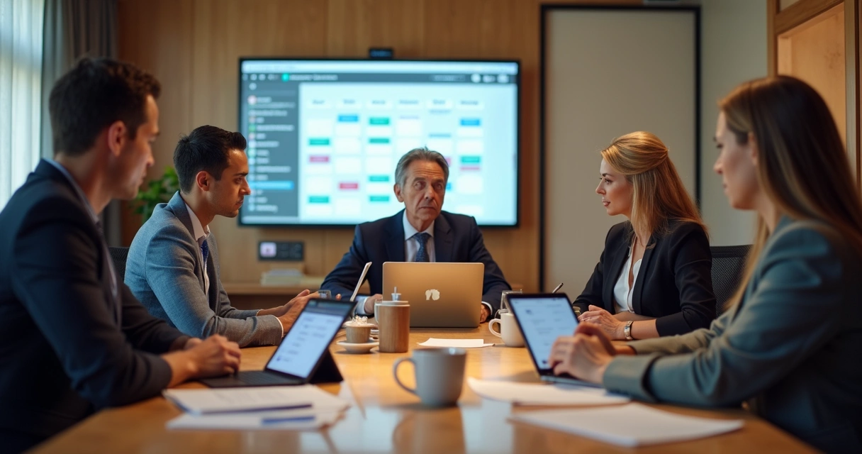 Equipe política reunida ao redor de uma mesa, analisando agenda semanal com tablets e laptops 