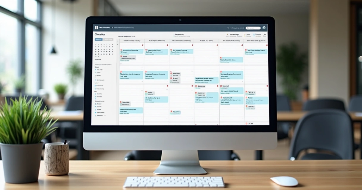 Agenda organizada em tela de computador com lembretes de reuniões 1-1. 