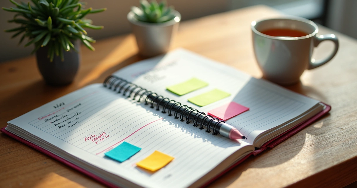 Agenda aberta com marcações coloridas, xícaras de chá e janela com luz do dia ao fundo