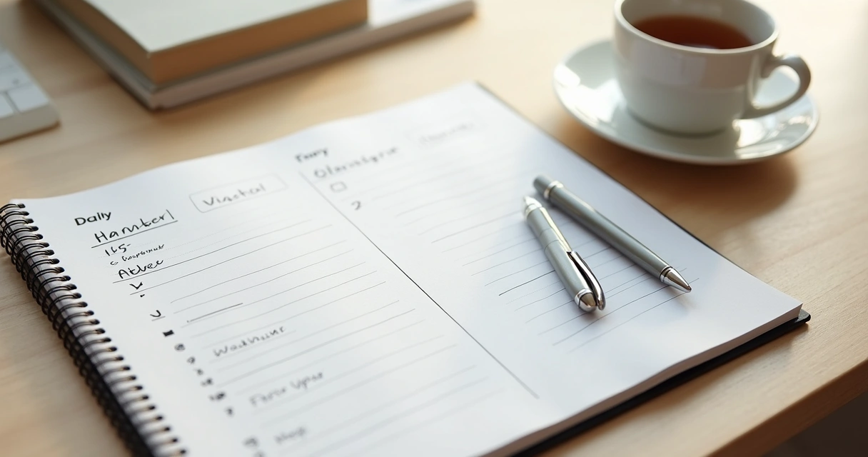 Agenda aberta com lista simples e xícara ao lado 