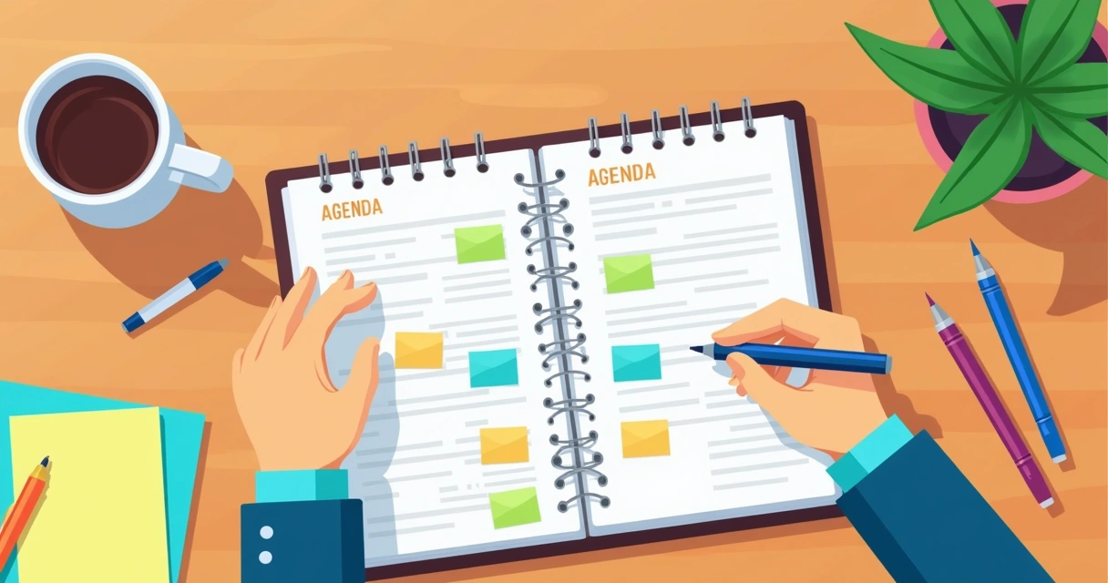 Pessoa organizando uma agenda colorida sobre a mesa 