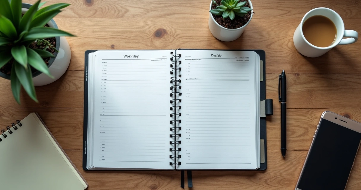 Mesa com agenda aberta, caneta e xícara de café, tudo organizado 