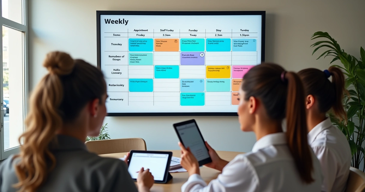 Agenda de salão de beleza organizada com horários coloridos em tela digital 