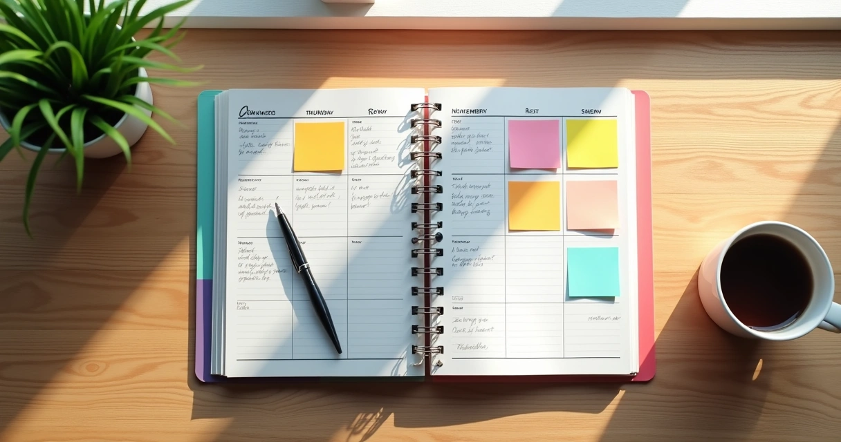 Agenda semanal aberta com blocos coloridos e anotações manuscritas 