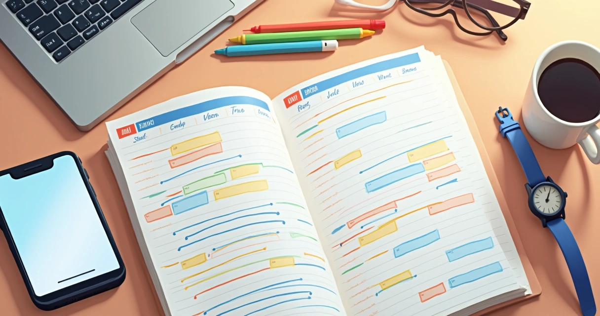 Tela de smartphone com agenda digital e agenda de papel ao lado com blocos de tempo coloridos 