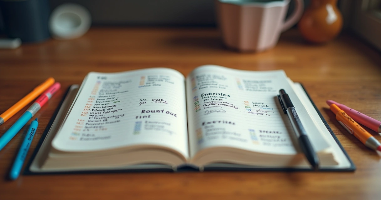 Caderno aberto com planejamento semanal de treinos e canetas coloridas 