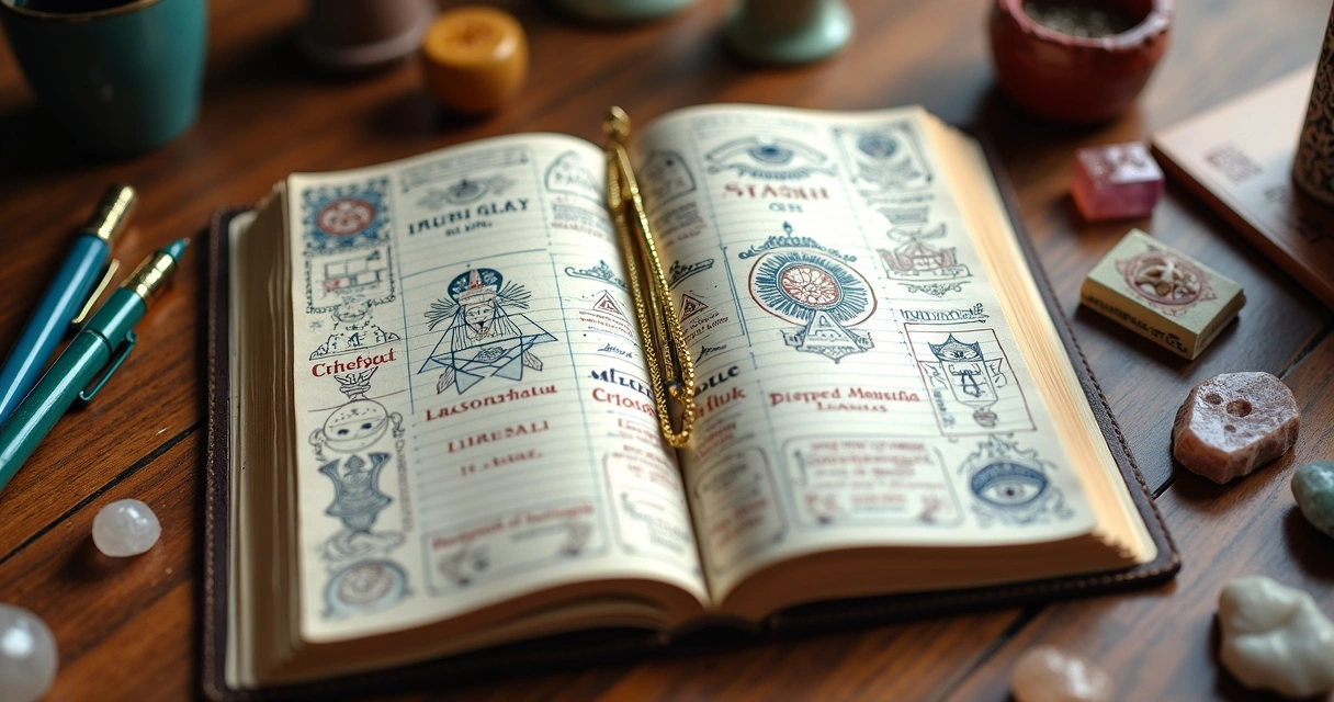 Página de agenda artesanal aberta com símbolos esotéricos desenhados à mão e canetas coloridas ao lado