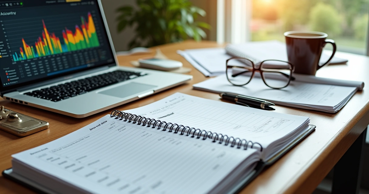 Mesa de escritório de contabilidade com agenda aberta e laptop 
