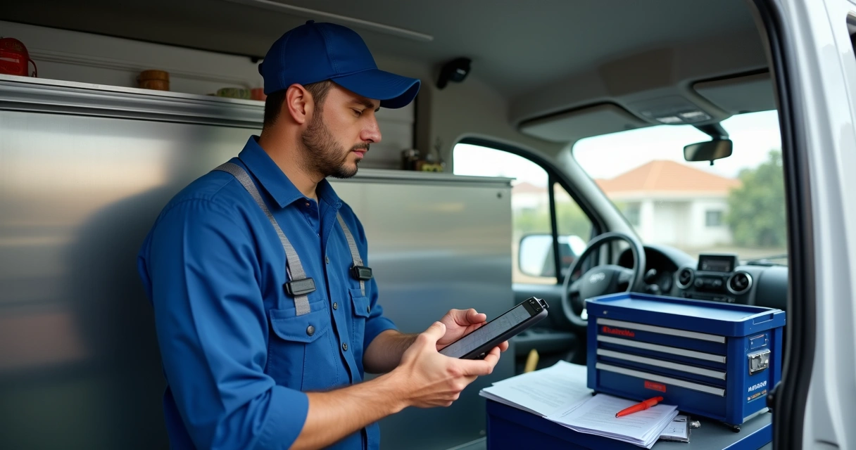 Técnico de geladeiras agendando atendimento em tablet dentro de van 