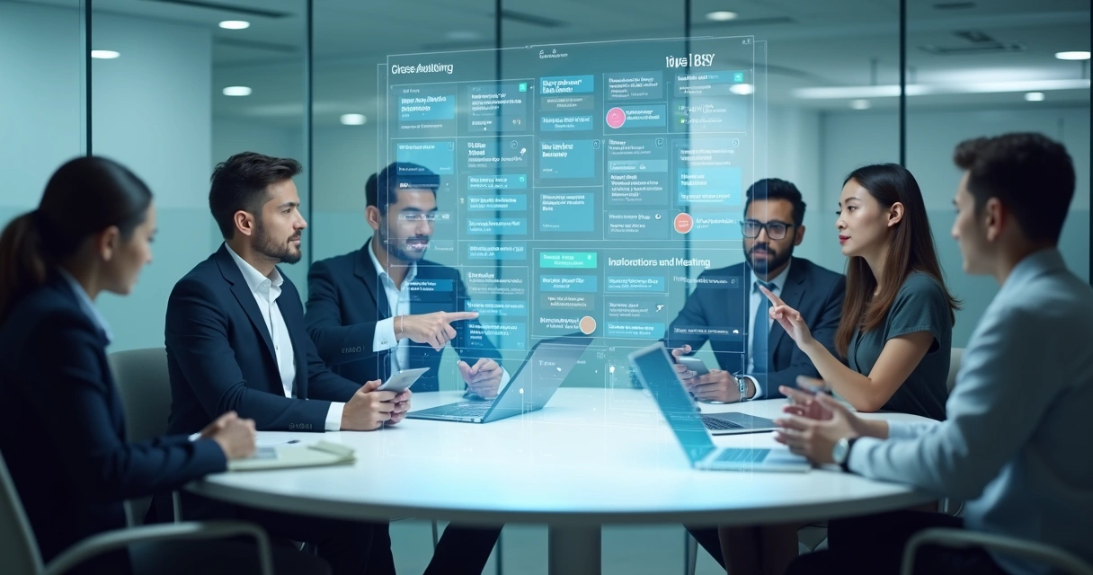Equipe reunida em torno de uma mesa com interface de calendário virtual projetada sobre a mesa