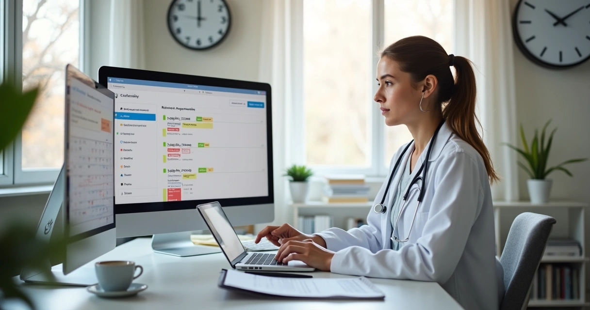 Médica observa tela com horários de consultas online atrasadas 