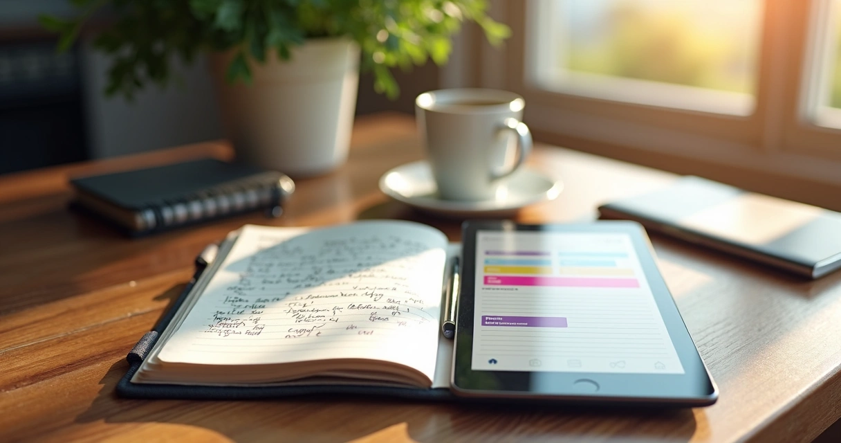 Caderno com anotações ao lado de tablet mostrando calendário 