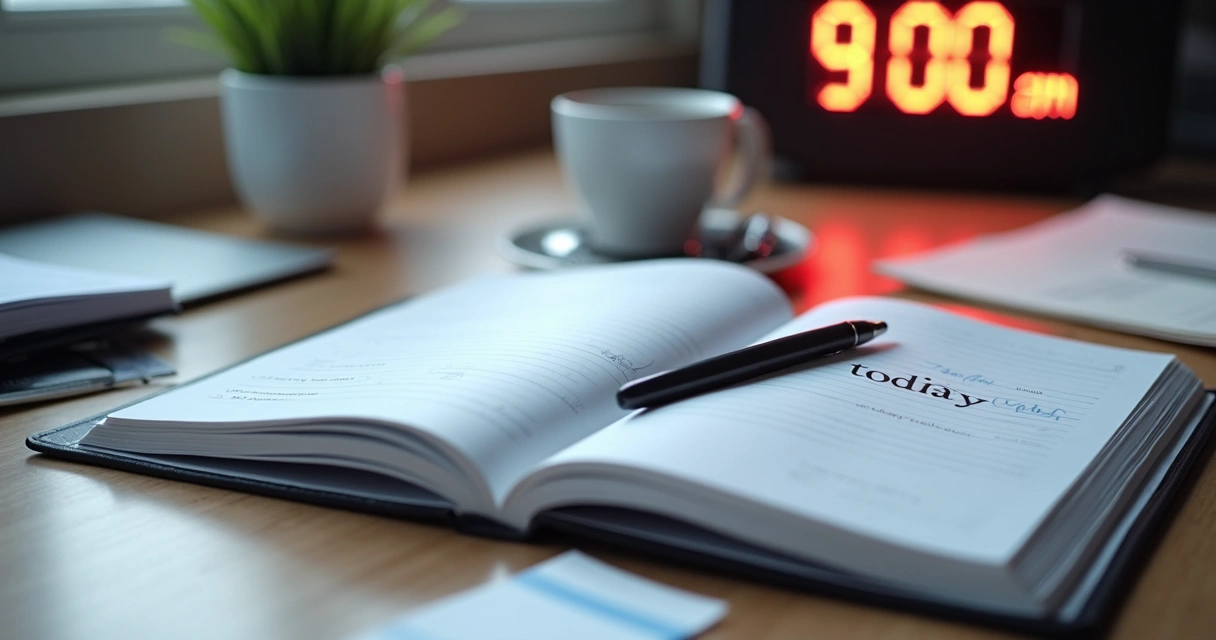 Caderno de planejamento e caneta sobre mesa de trabalho 