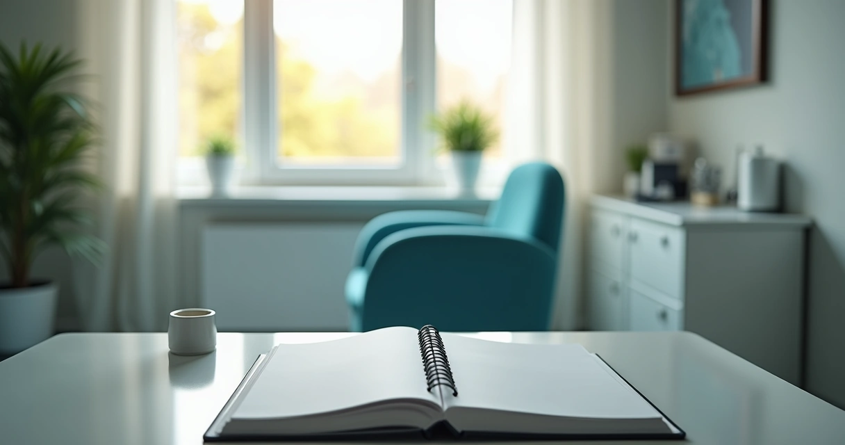 Cadeira vazia em consultório médico ao lado de uma agenda aberta. 