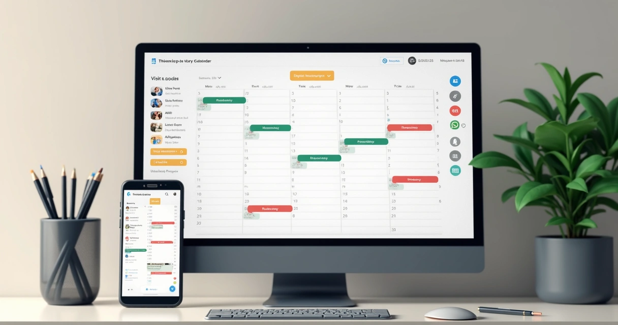 Calendário digital mostrando vários horários agendados para visita imobiliária, com notificações e lembrete de WhatsApp na tela 
