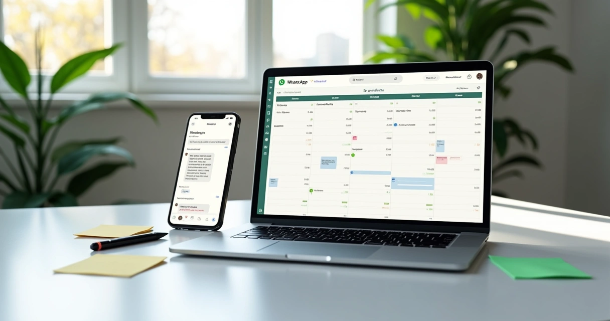 Calendário digital aberto em computador e celular com mensagens de WhatsApp na tela 