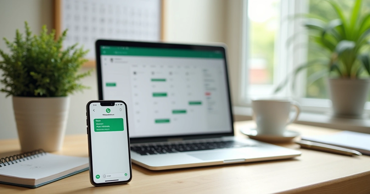 Celular com tela de WhatsApp aberto conectado a agenda em laptop sobre mesa de pequeno escritório 